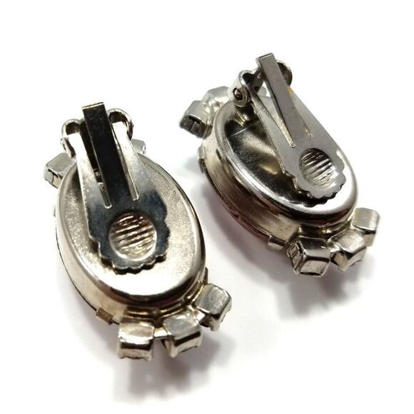 Vintage Lucite Aurora Borealis Clip Earrings, Clear Purple Cabochons, 1 1/4 Inch - Picture 7 of 10